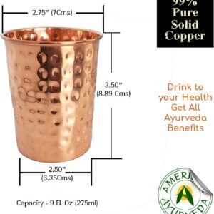 Pure Copper Cup / Glass Water Tumbler Minimalist Design Plain or Hammered 8 Oz for yoga health by American Ayurveda