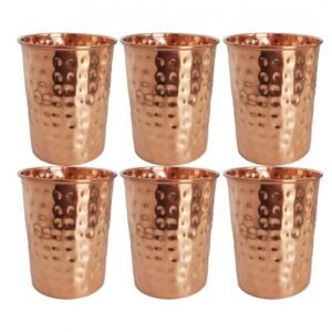Pure Copper Cup / Glass Water Tumbler Minimalist Design Plain or Hammered 8 Oz for yoga health by American Ayurveda - Hammered, Set of 6 Cups
